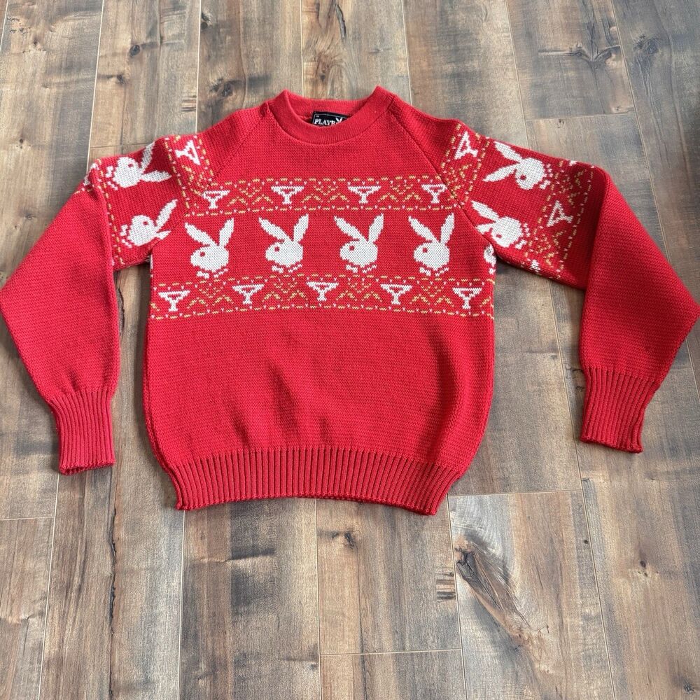 Vintage Playboy Bunny Red Wool Sweater Unisex Medium Fair Isle circa 70s-80s